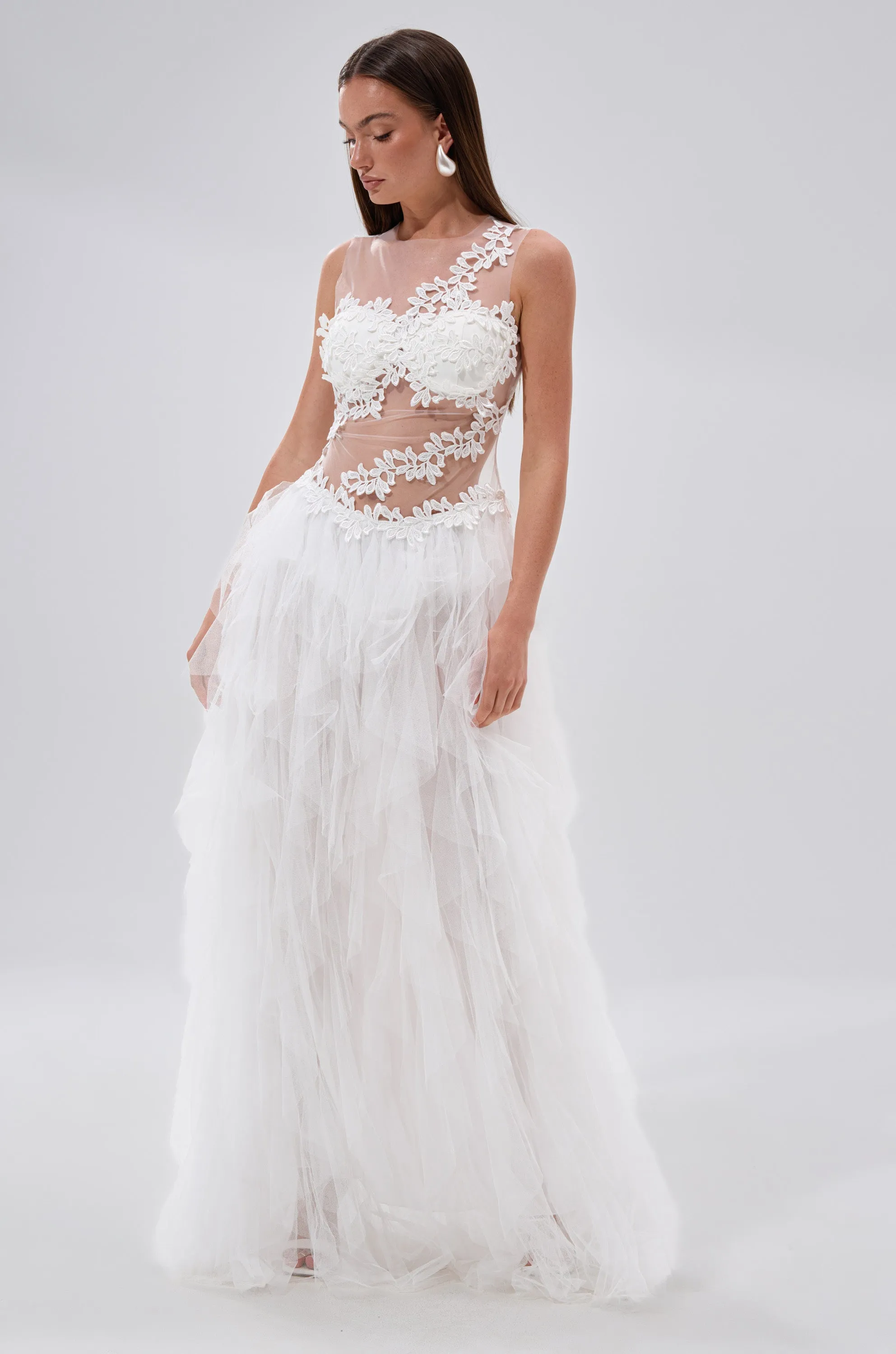 FELT CUTE RUFFLE MAXI DRESS WITH FLORAL APPLIQUES sold by AKIRA product image thumbnail 4