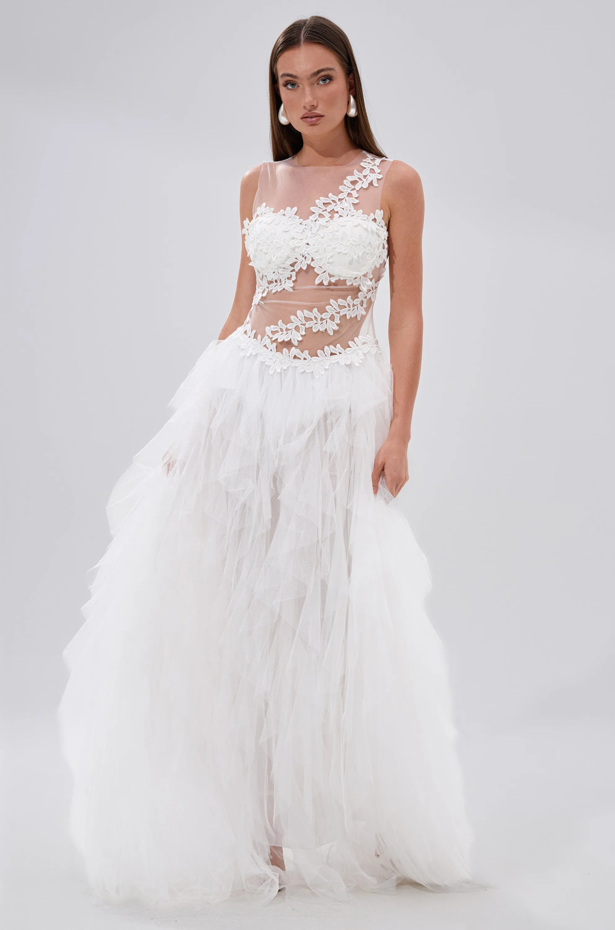 FELT CUTE RUFFLE MAXI DRESS WITH FLORAL APPLIQUES sold by AKIRA product image thumbnail 3