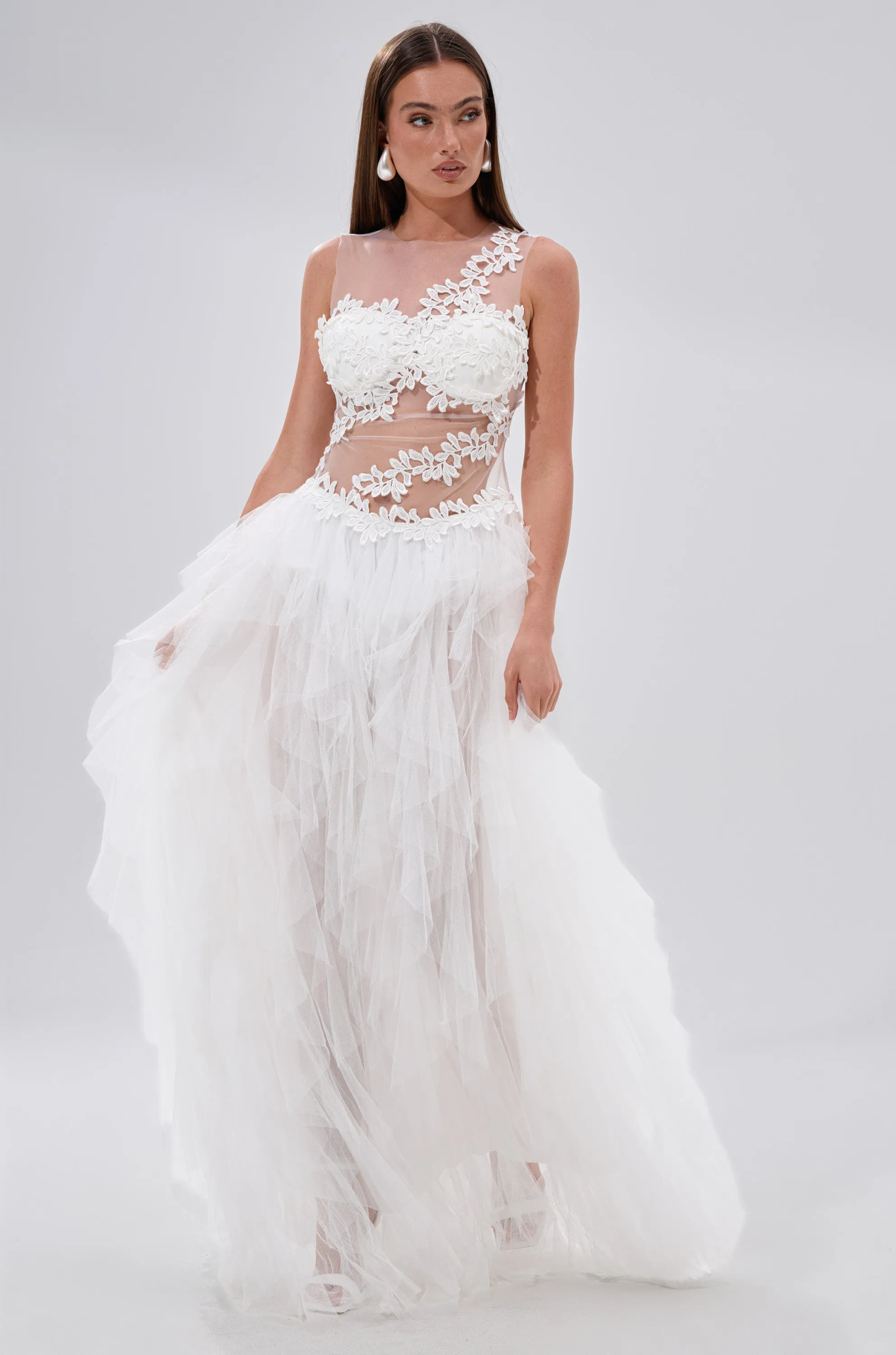 FELT CUTE RUFFLE MAXI DRESS WITH FLORAL APPLIQUES sold by AKIRA