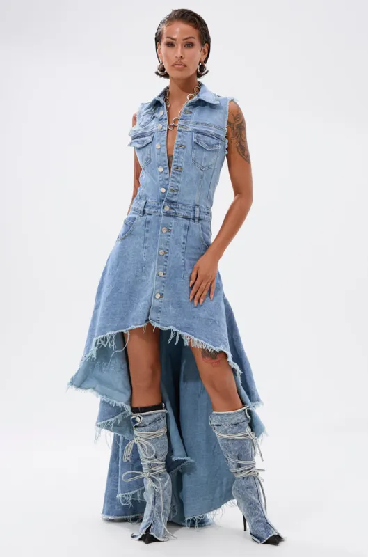 READ IT AND WEEP DENIM MINI DRESS made by AKIRA