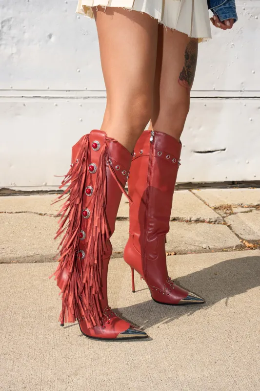 AZALEA WANG PELAGIANA RED WESTERN POINTED TOE STILETTO BOOT sold by AKIRA