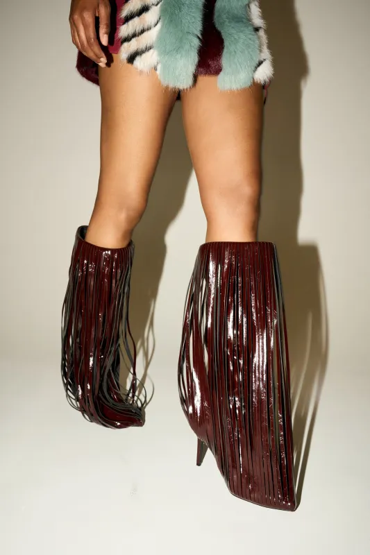 AZALEA WANG XANTARA FRINGE BURGUNDY STILETTO BOOT sold by AKIRA