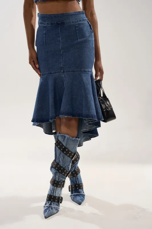 YOU WISH DENIM MIDI SKIRT sold by AKIRA