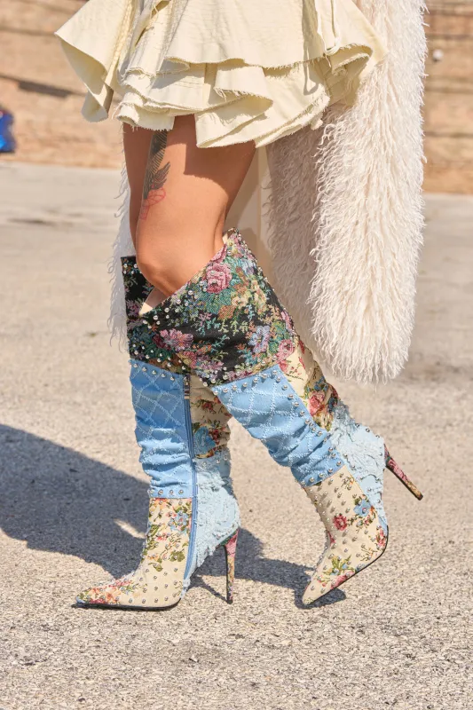 AZALEA WANG AILA DENIM MULTI STUDDED POINTED TOE STILETTO BOOT sold by AKIRA