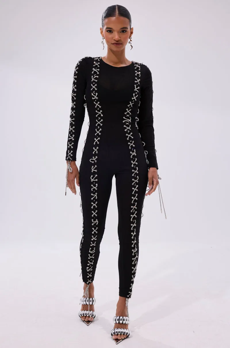 LACE IT UP MESH JUMPSUIT WITH RHINESTONE DETAIL sold by AKIRA product image thumbnail 2