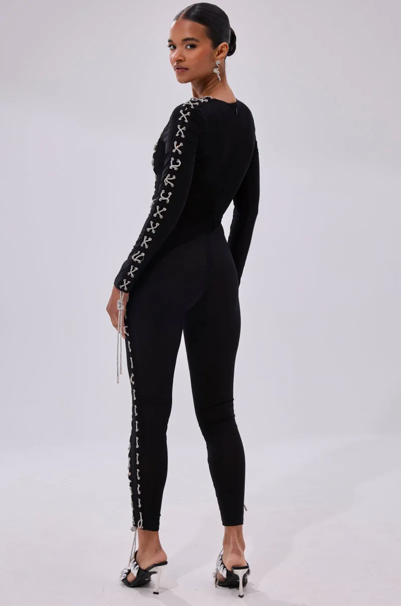LACE IT UP MESH JUMPSUIT WITH RHINESTONE DETAIL sold by AKIRA product image thumbnail 5