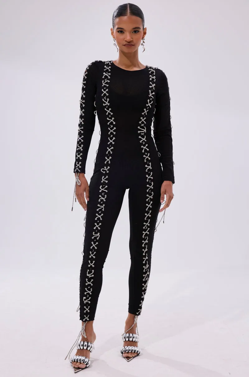 LACE IT UP MESH JUMPSUIT WITH RHINESTONE DETAIL sold by AKIRA product image thumbnail 3