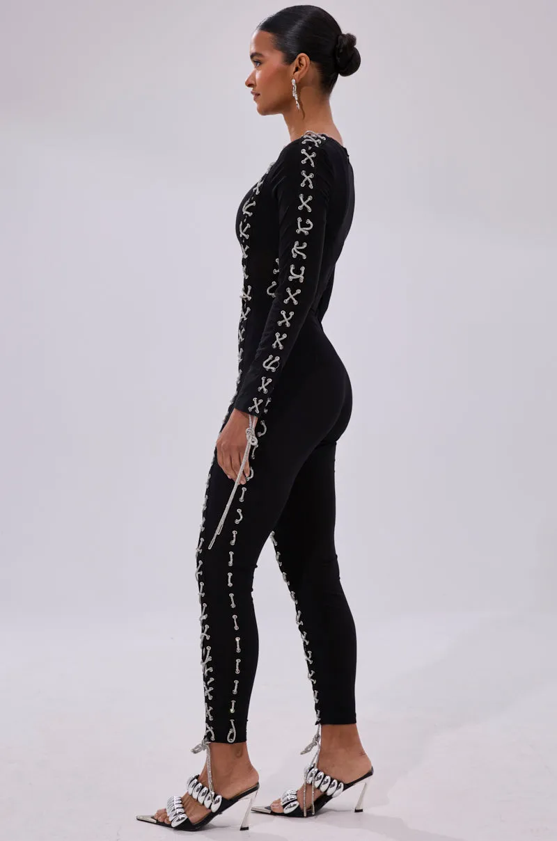 LACE IT UP MESH JUMPSUIT WITH RHINESTONE DETAIL sold by AKIRA product image thumbnail 4