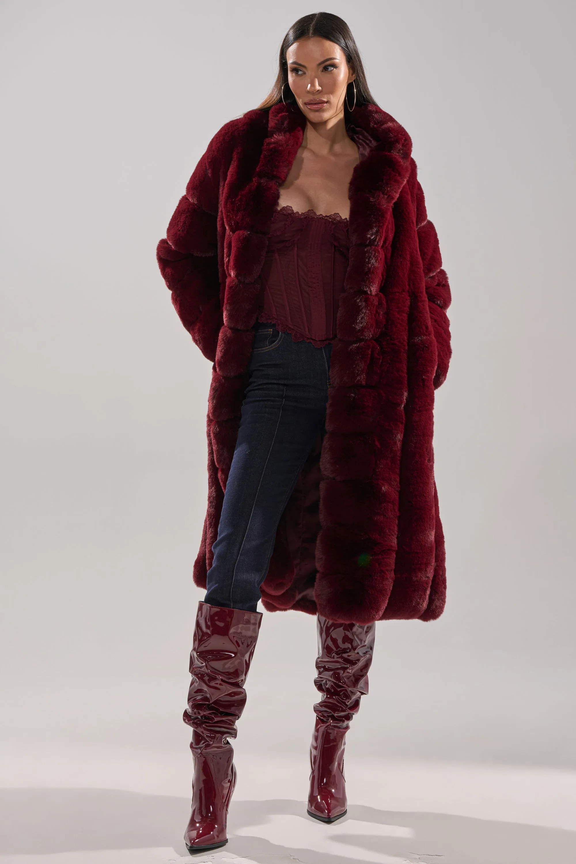 BERLIN HOODED FAUX FUR IN BURGUNDY sold by AKIRA product image thumbnail 5