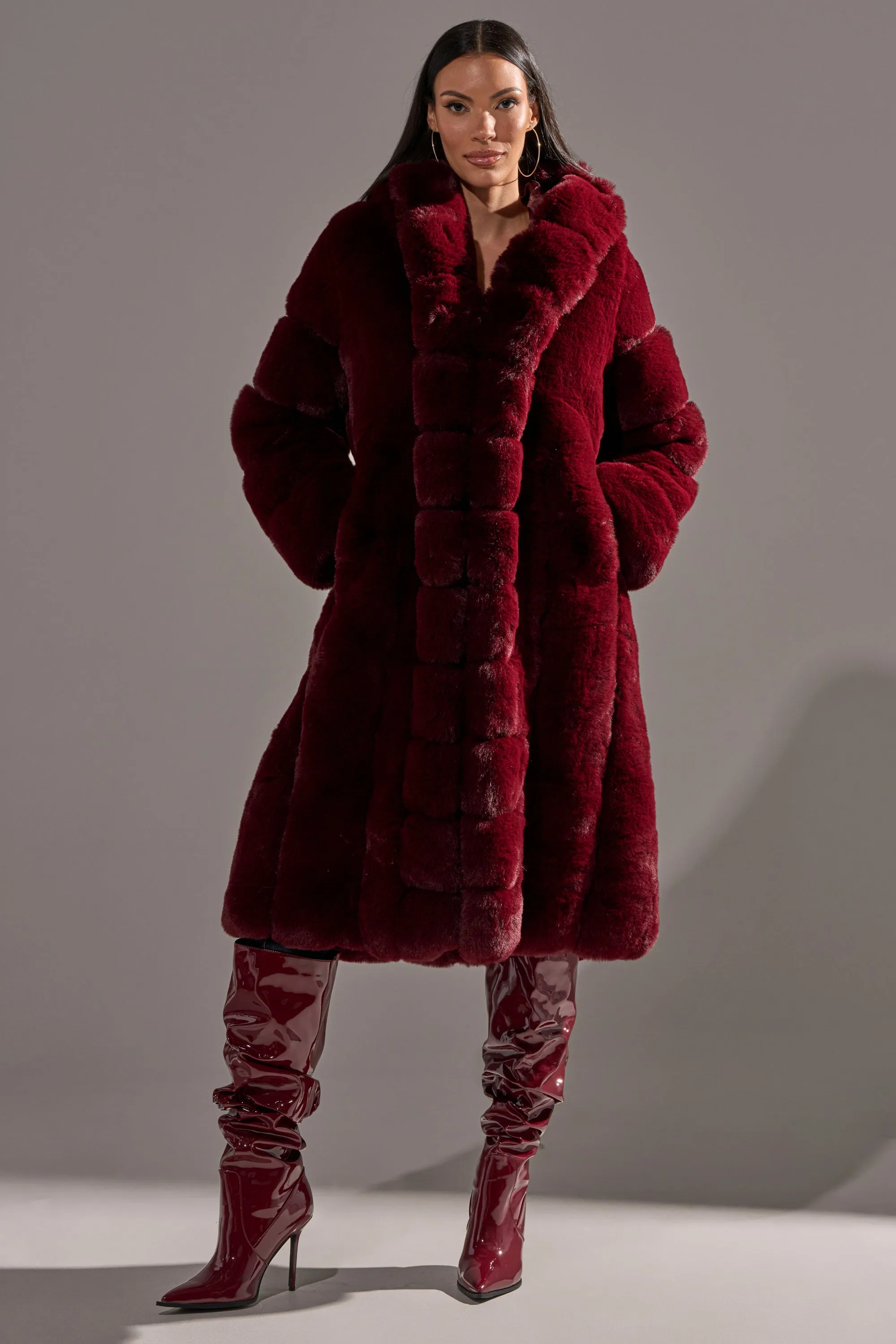 BERLIN HOODED FAUX FUR IN BURGUNDY sold by AKIRA product image thumbnail 4