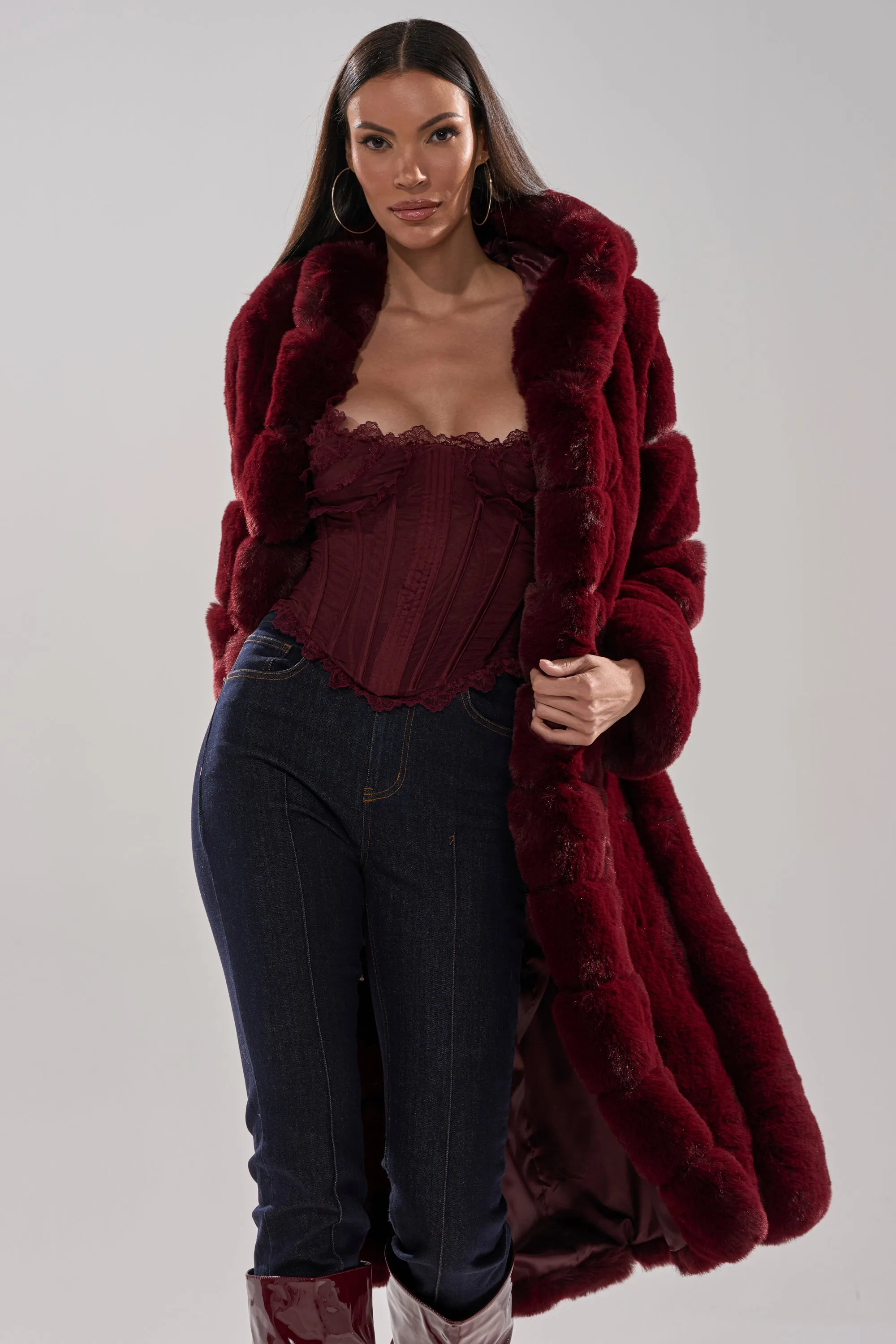 BERLIN HOODED FAUX FUR IN BURGUNDY sold by AKIRA product image thumbnail 3