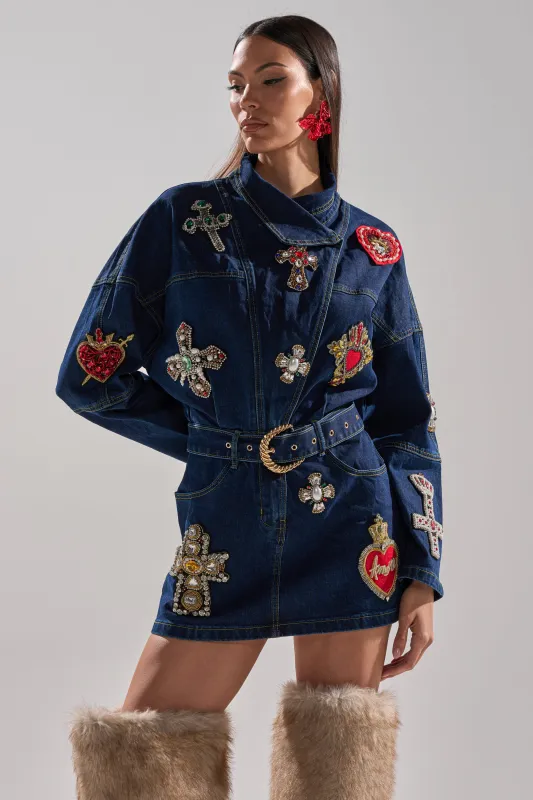 PRETTIEST PROBLEM DENIM PATCHWORK MINI DRESS sold by AKIRA