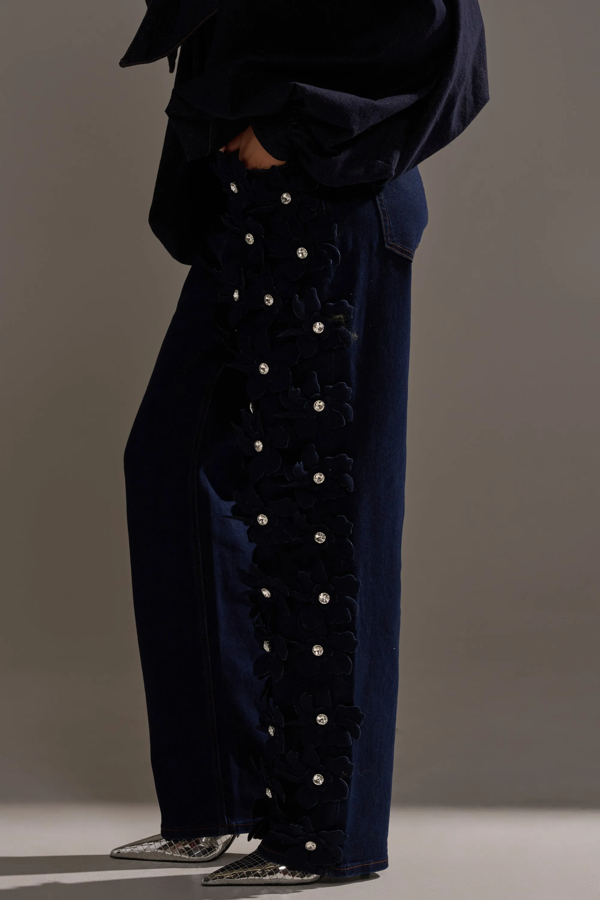 FLORAL FIELDS APPLIQUE DENIM PANTS WITH RHINESTONES sold by AKIRA product image thumbnail 3