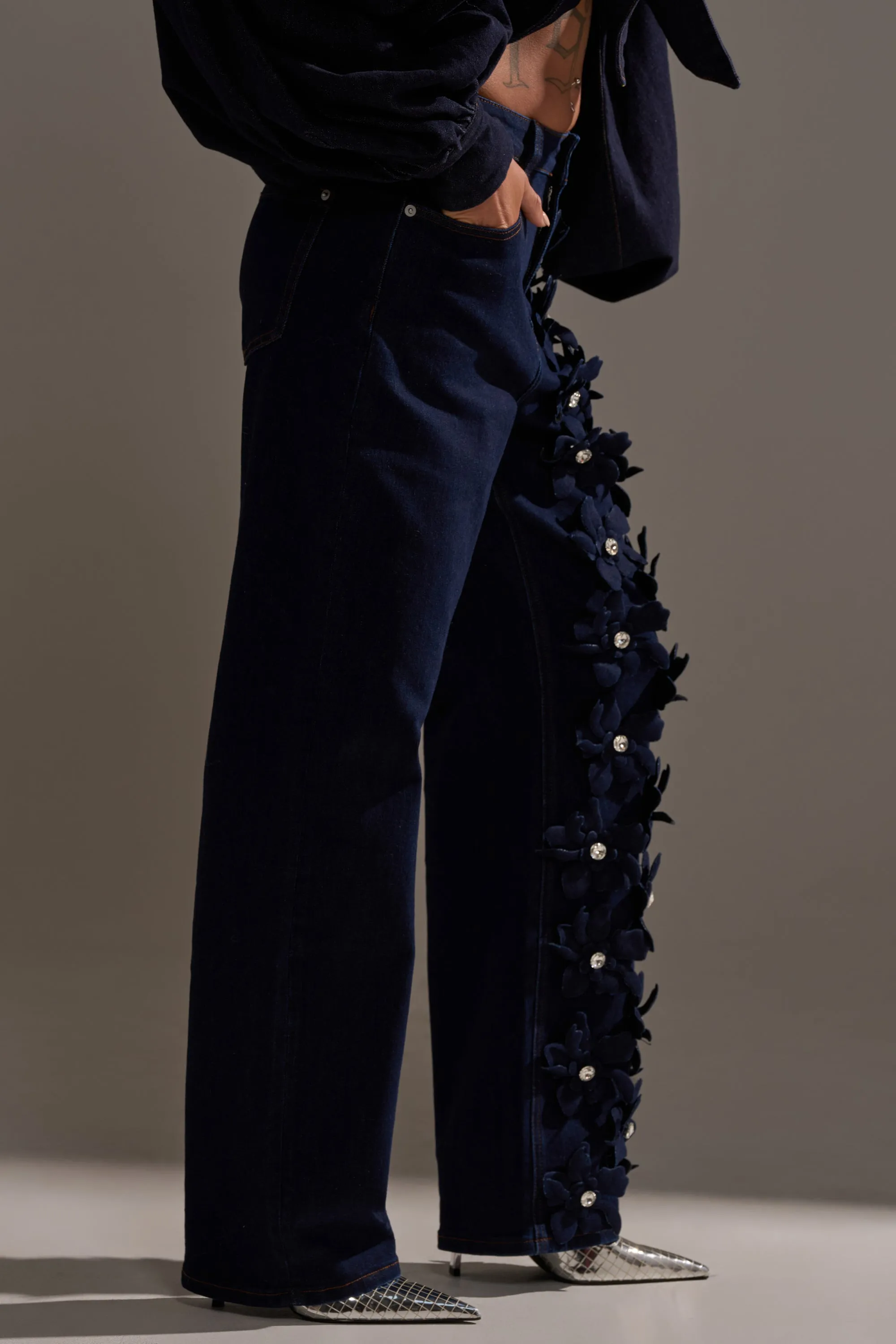 FLORAL FIELDS APPLIQUE DENIM PANTS WITH RHINESTONES sold by AKIRA product image thumbnail 4