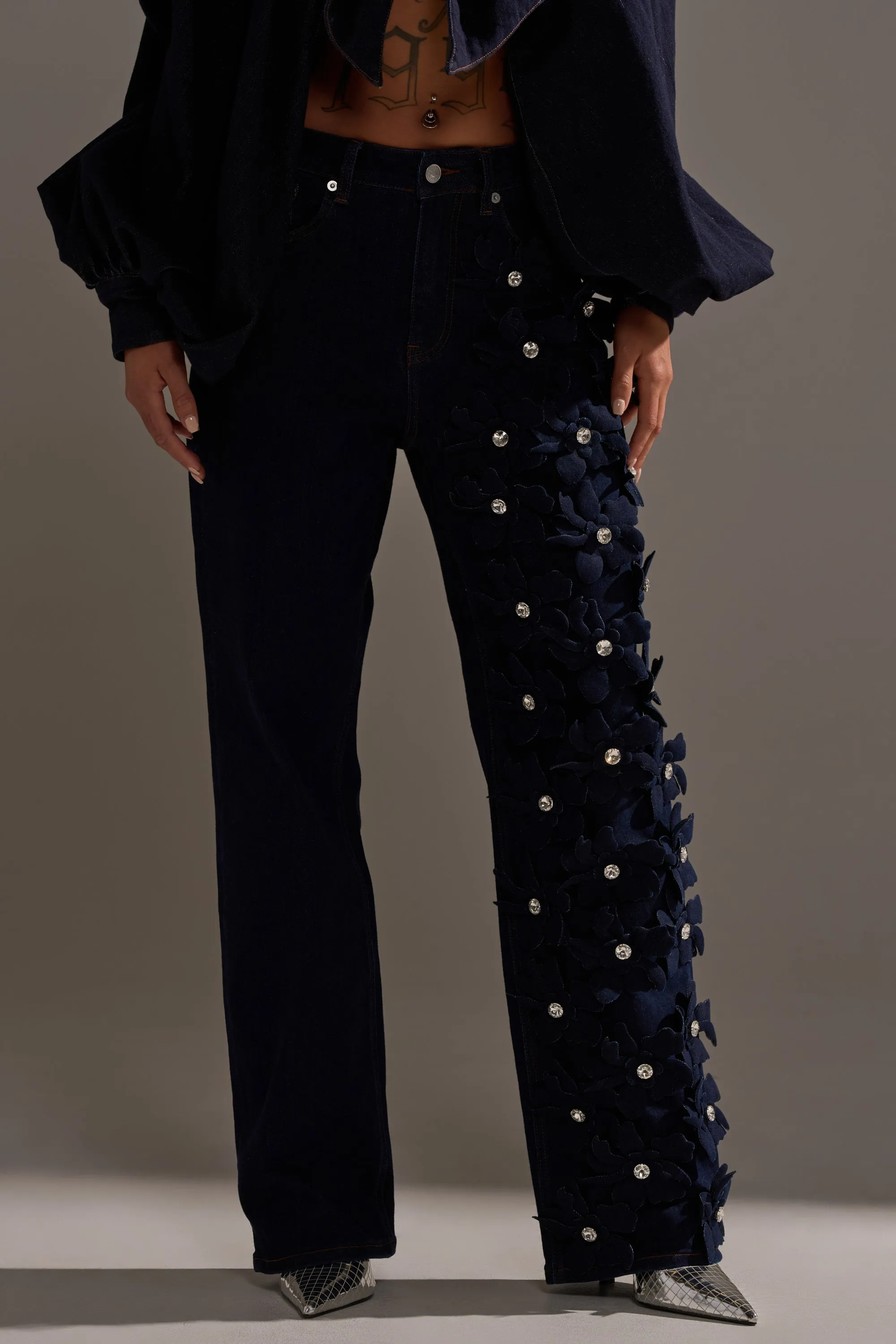 FLORAL FIELDS APPLIQUE DENIM PANTS WITH RHINESTONES sold by AKIRA product image thumbnail 2