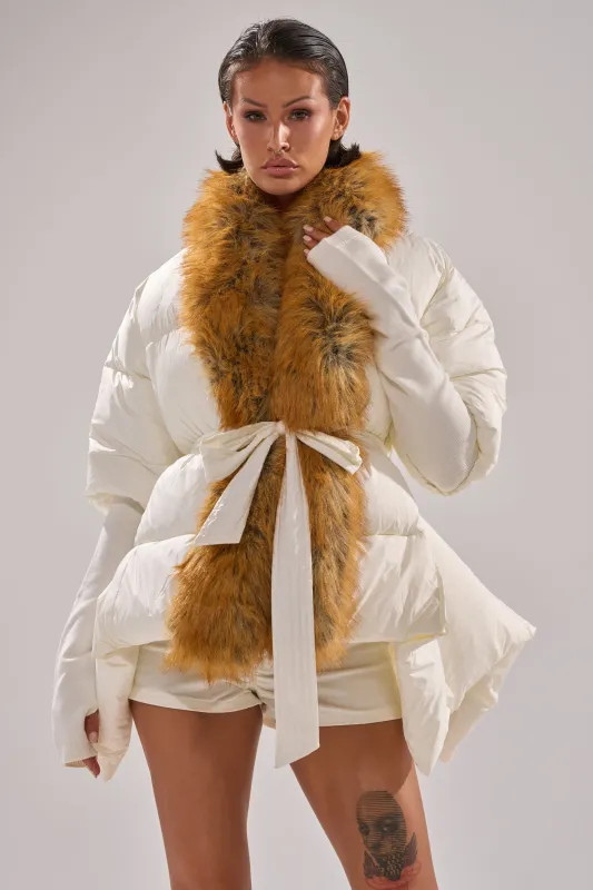 TALK TO ME NICE FUR TRIM PUFFER sold by AKIRA