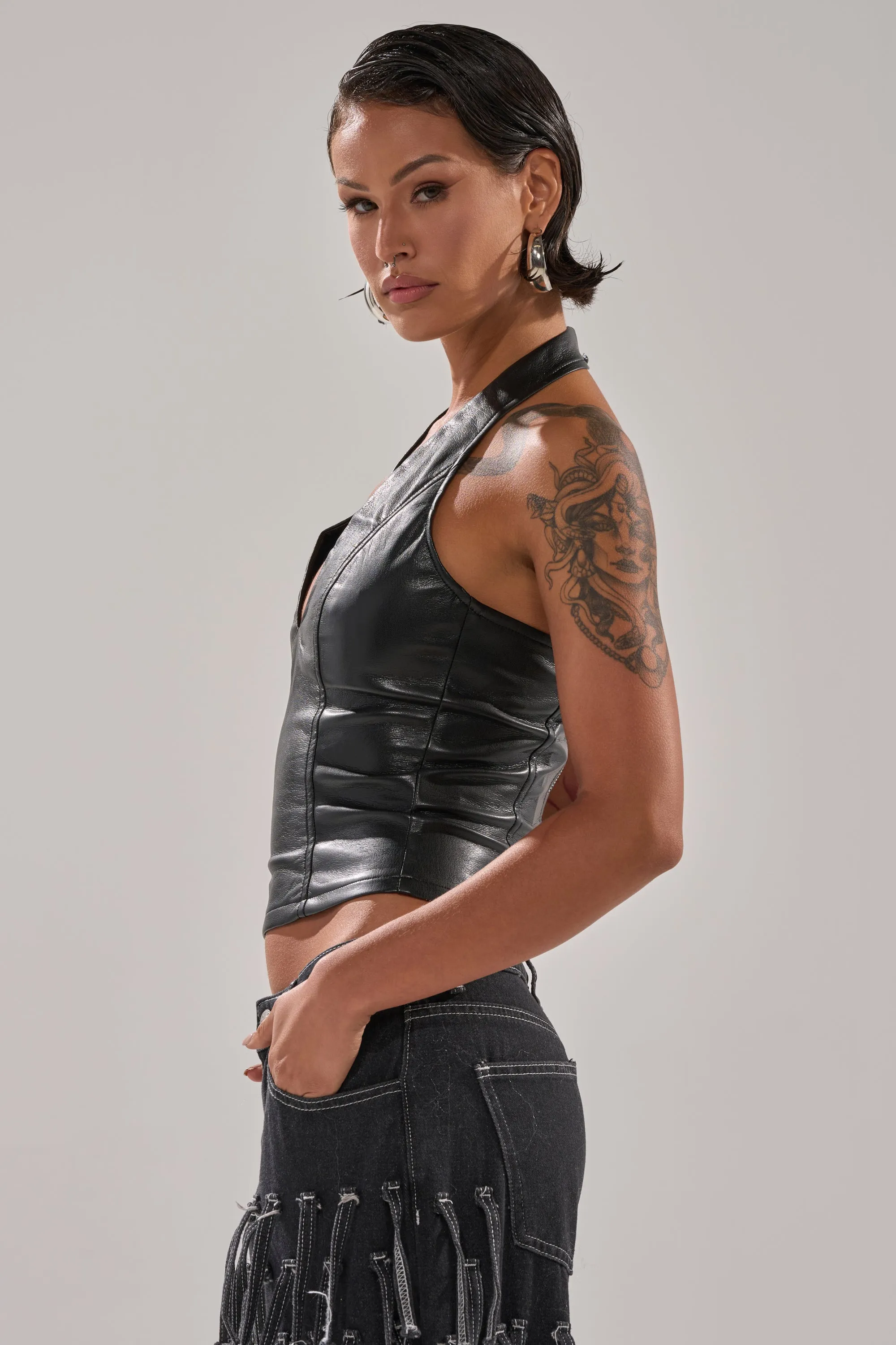 WITHOUT A DOUBT FAUX LEATHER HALTER NECK CORSET IN BLACK sold by AKIRA product image thumbnail 4