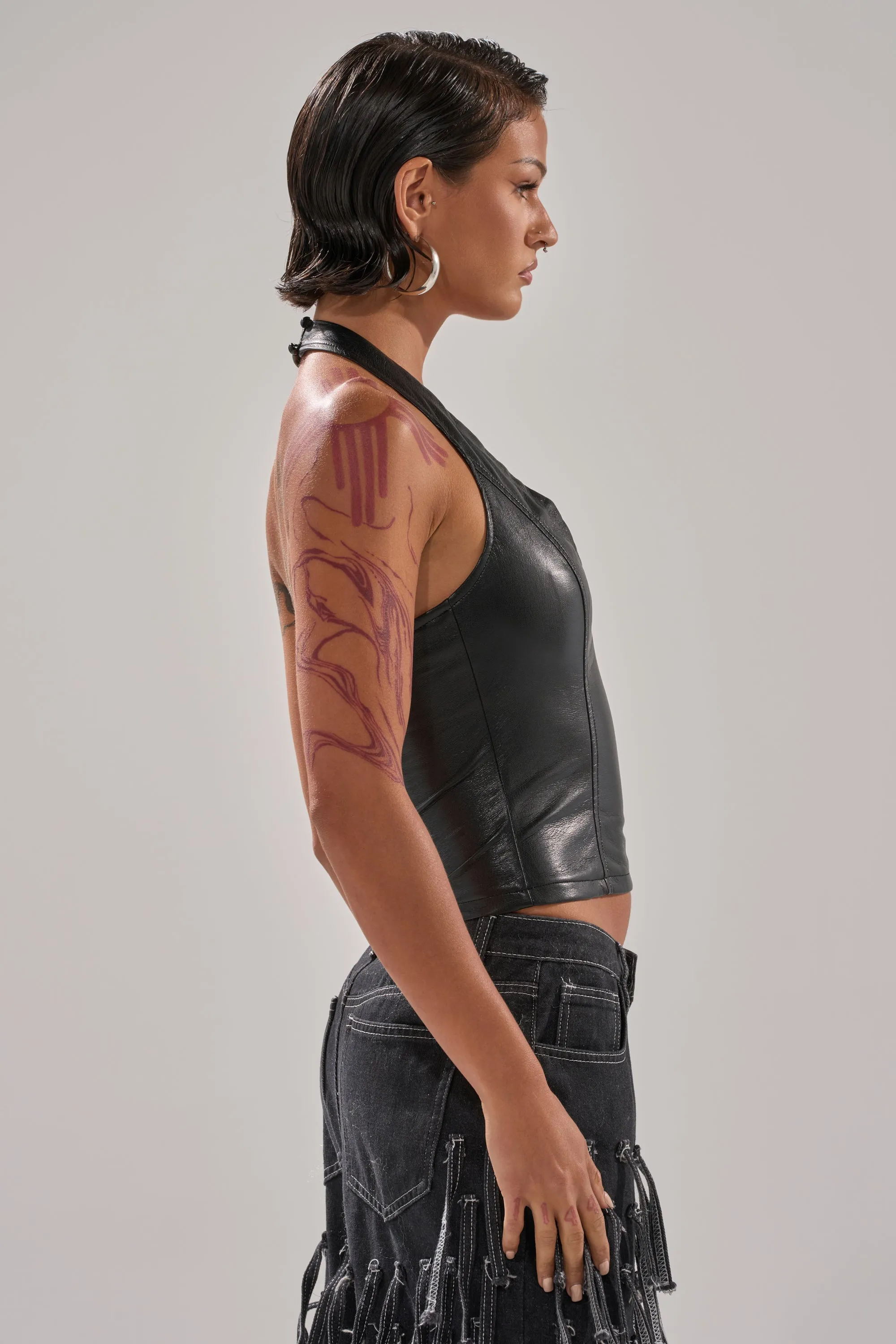 WITHOUT A DOUBT FAUX LEATHER HALTER NECK CORSET IN BLACK sold by AKIRA product image thumbnail 3