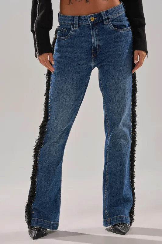 PARTY OVER HERE FRINGE STRAIGHT LEG DENIM sold by AKIRA