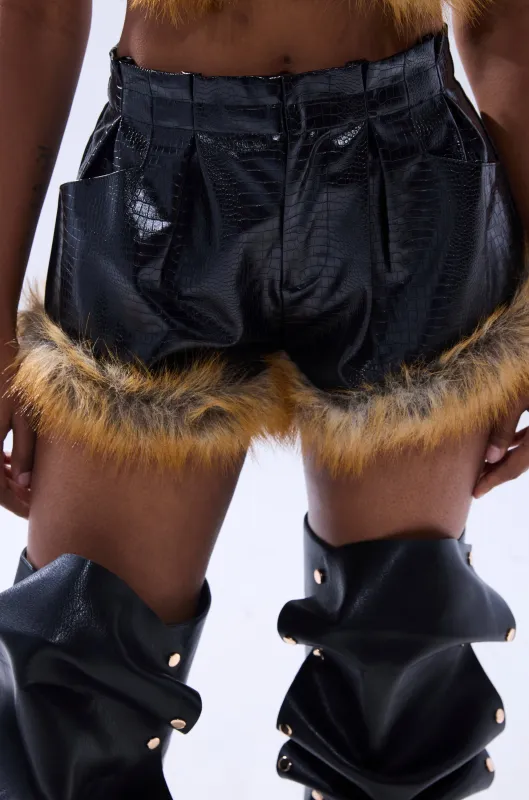 DONT TOUCH OR LOOK FAUX LEATHER SHORT WITH FUR TRIM sold by AKIRA