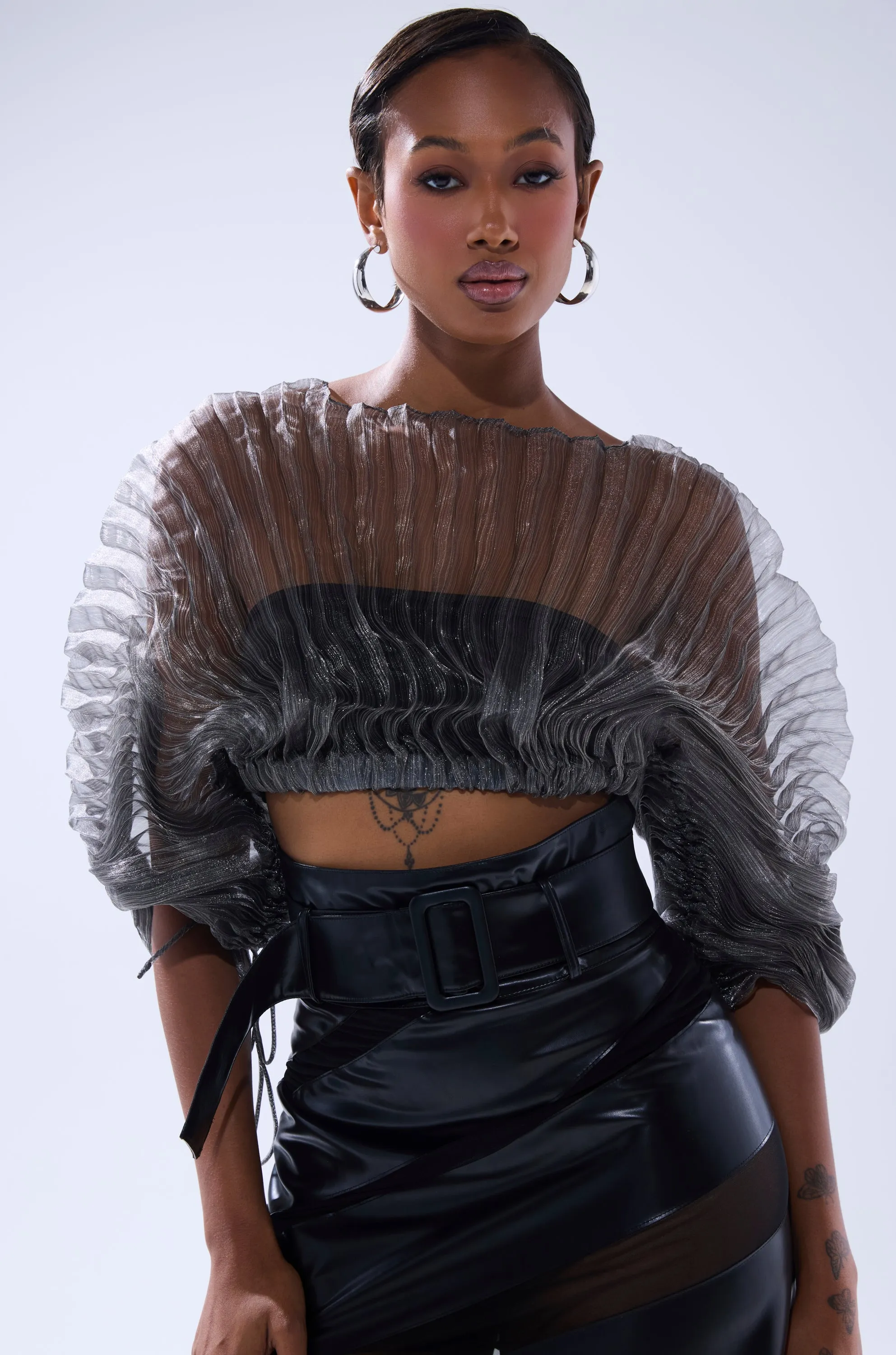 SHEER PLEATED CROP TOP IN GREY sold by AKIRA product image thumbnail 2