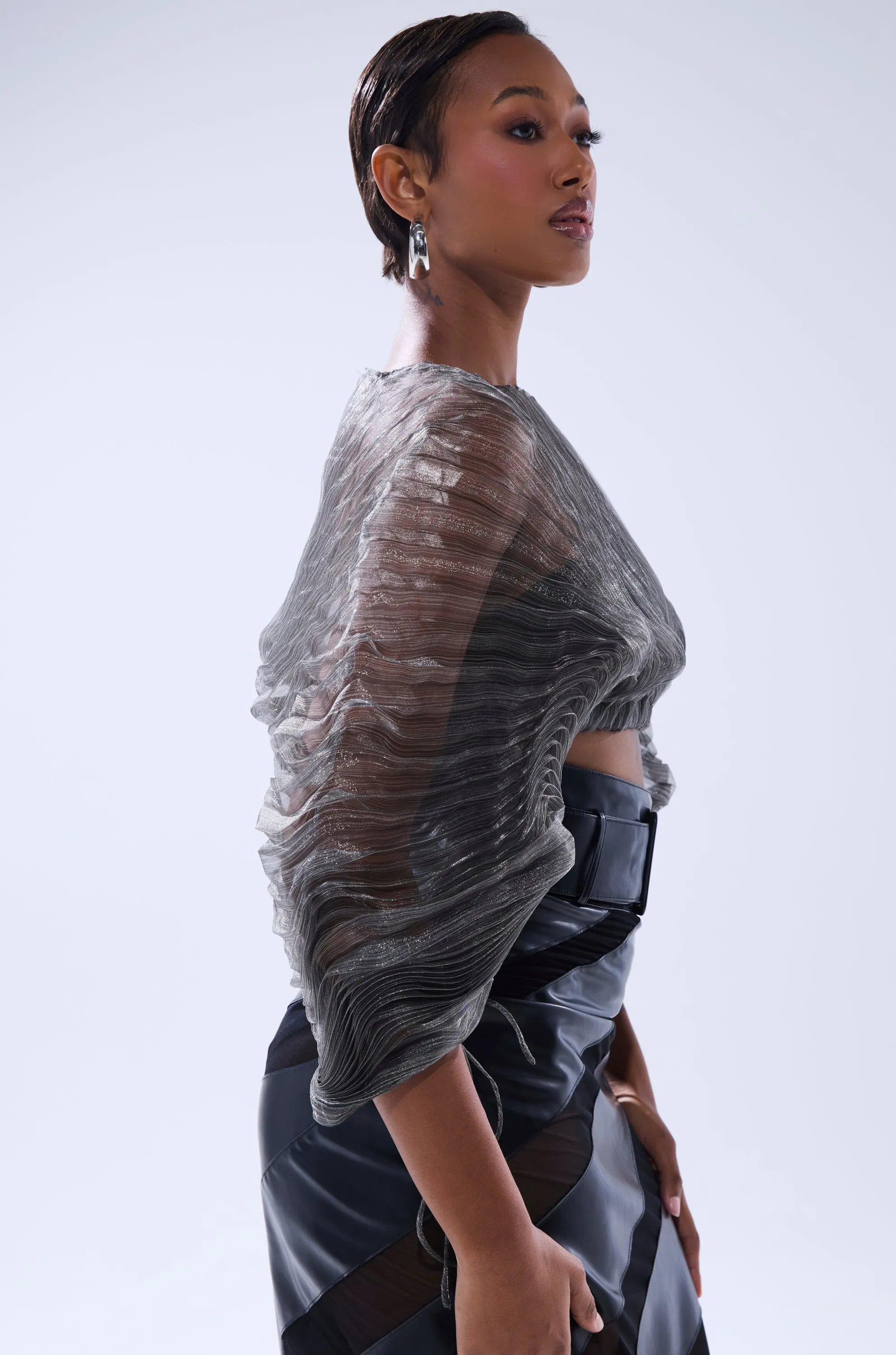 SHEER PLEATED CROP TOP IN GREY sold by AKIRA product image thumbnail 4