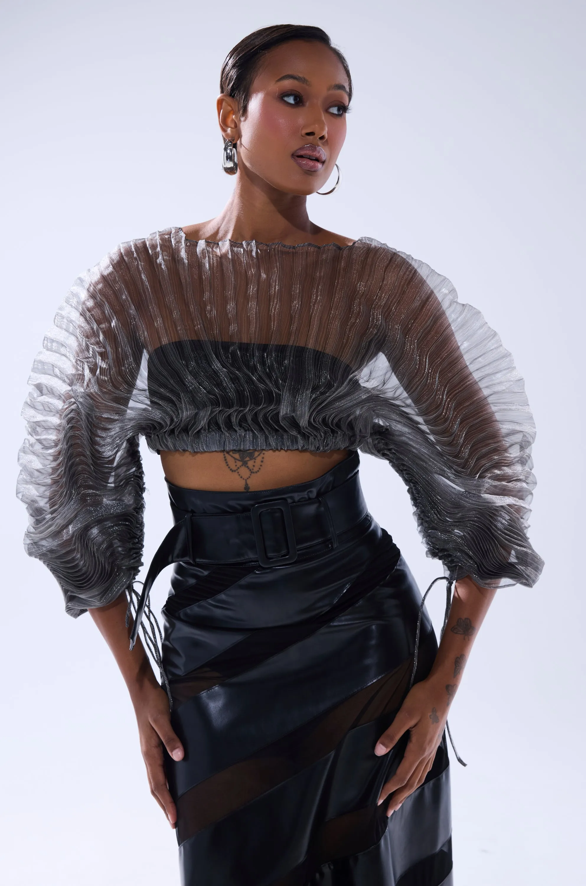 SHEER PLEATED CROP TOP IN GREY sold by AKIRA product image thumbnail 3