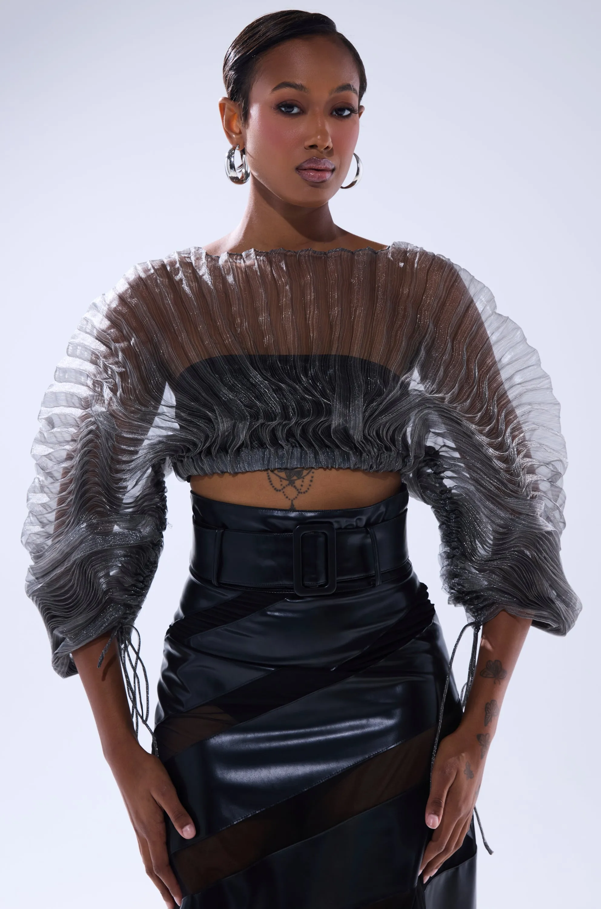 SHEER PLEATED CROP TOP IN GREY sold by AKIRA