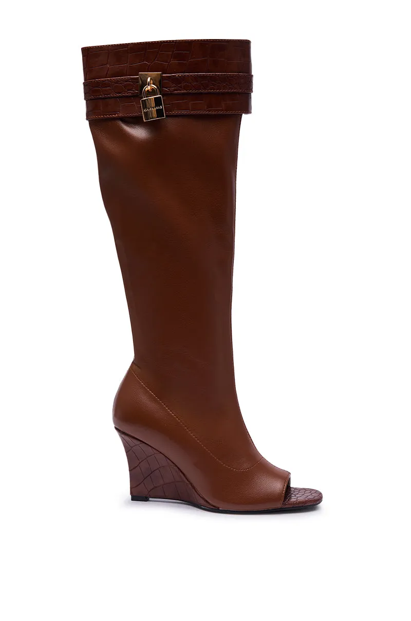 AZALEA WANG GLENNA COGNAC STRETCH PU WEDGE BOOT sold by AKIRA product image thumbnail 4