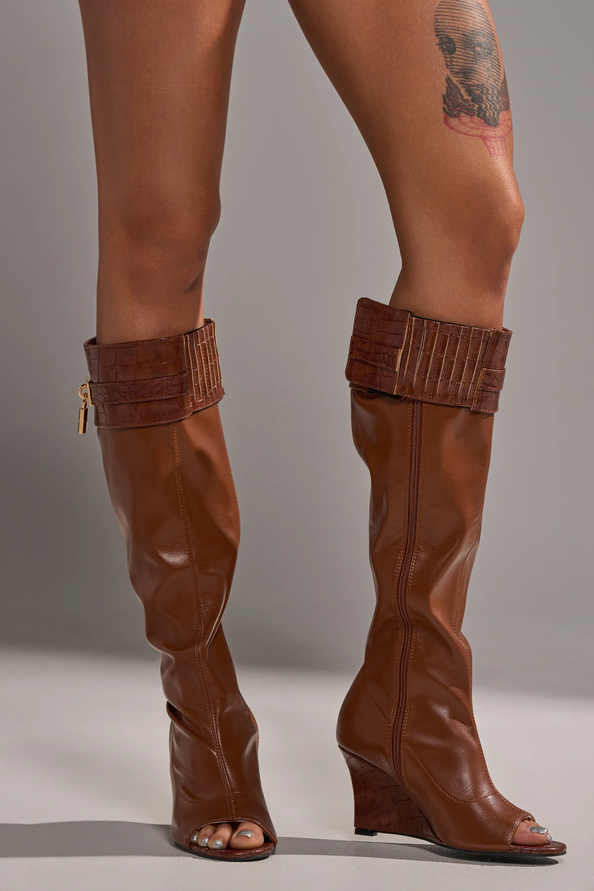 AZALEA WANG GLENNA COGNAC STRETCH PU WEDGE BOOT sold by AKIRA product image thumbnail 2