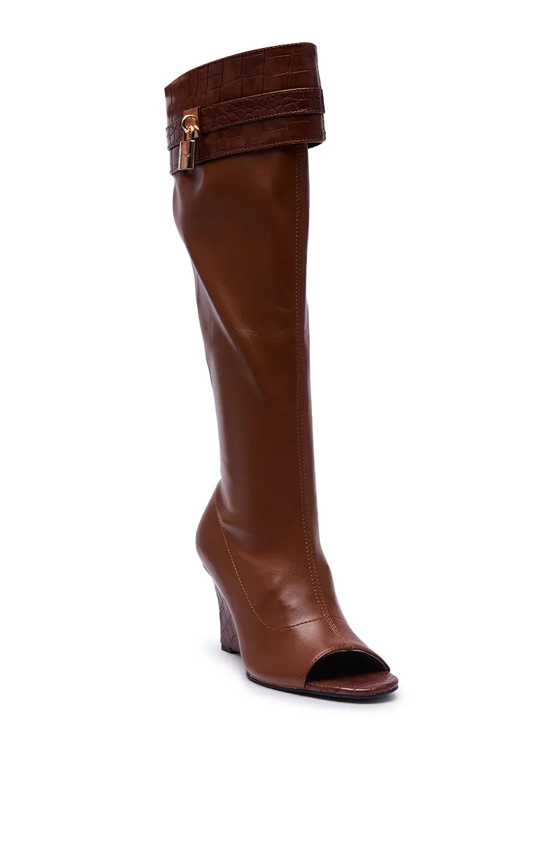 AZALEA WANG GLENNA COGNAC STRETCH PU WEDGE BOOT sold by AKIRA product image thumbnail 5