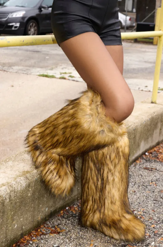 AZALEA WANG FAYES BROWN MULTI FURRY KNEE HIGH FLAT BOOT sold by AKIRA