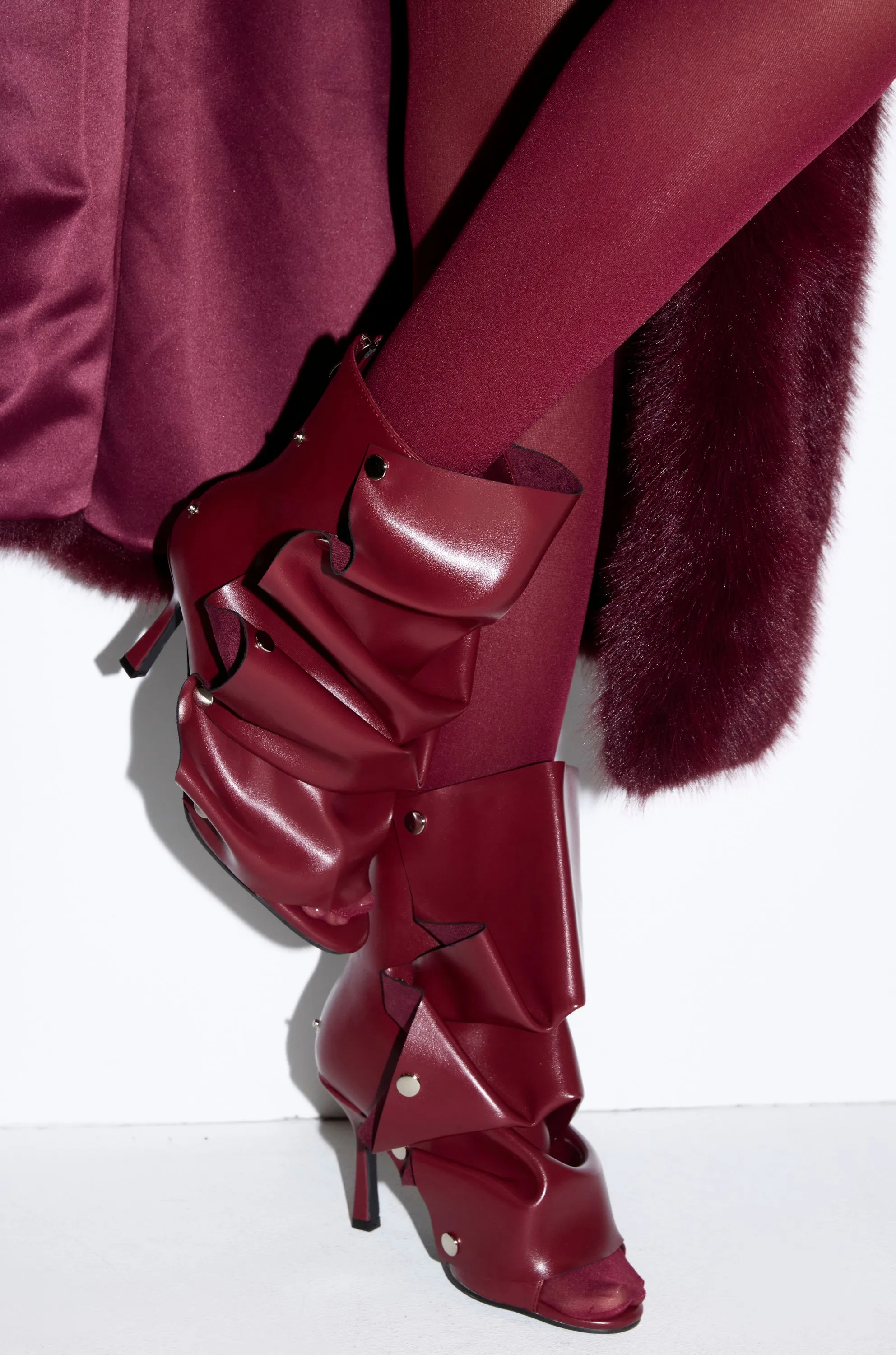 AZALEA WANG BIRDSONG BURGUNDY SNAP OPEN TOE STILETTO BOOTIE sold by AKIRA