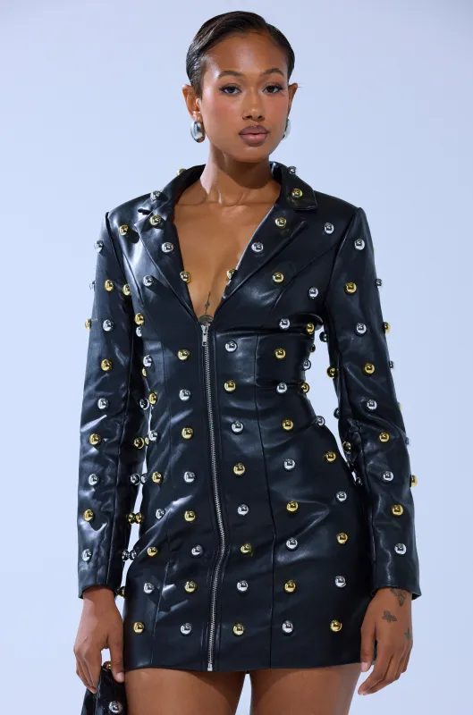 ROCK WITH IT PU BLAZER DRESS WITH HARDWARE sold by AKIRA