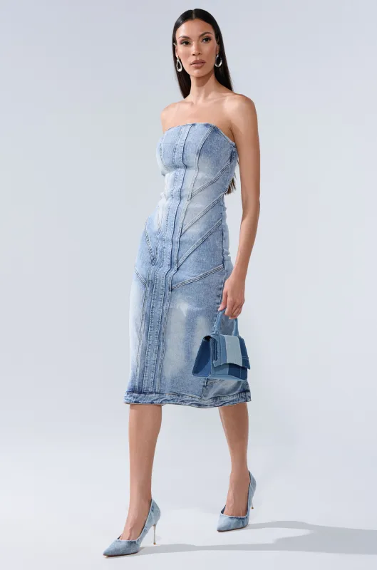 BROOKLYN BADDIE DENIM MIDI DRESS sold by AKIRA