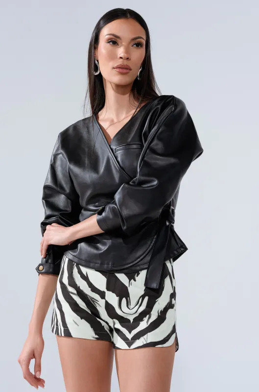 EASY ENOUGH FAUX LEATHER TIE FRONT BLOUSE sold by AKIRA