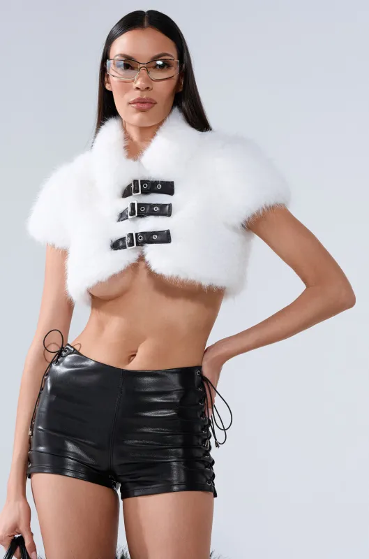 SNOW WHITE CROP FUR SWEATER sold by AKIRA