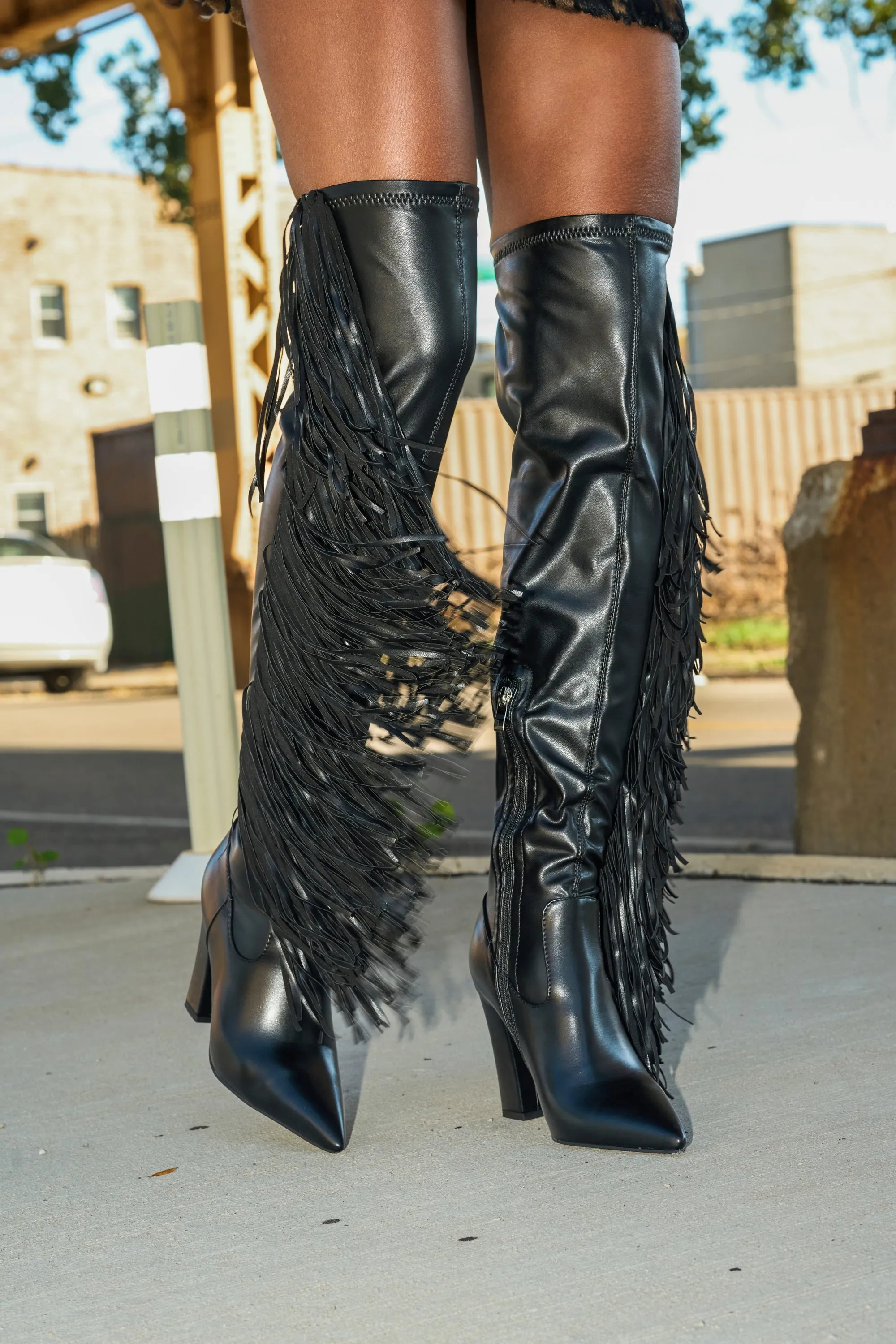 AZALEA WANG KATRICIA BLACK FRINGE CHUNKY BOOT sold by AKIRA product image thumbnail 4