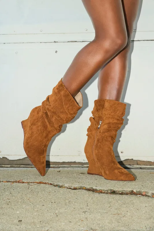 AZALEA WANG ASAF RUCHED WEDGE BOOTIE IN TAN sold by AKIRA