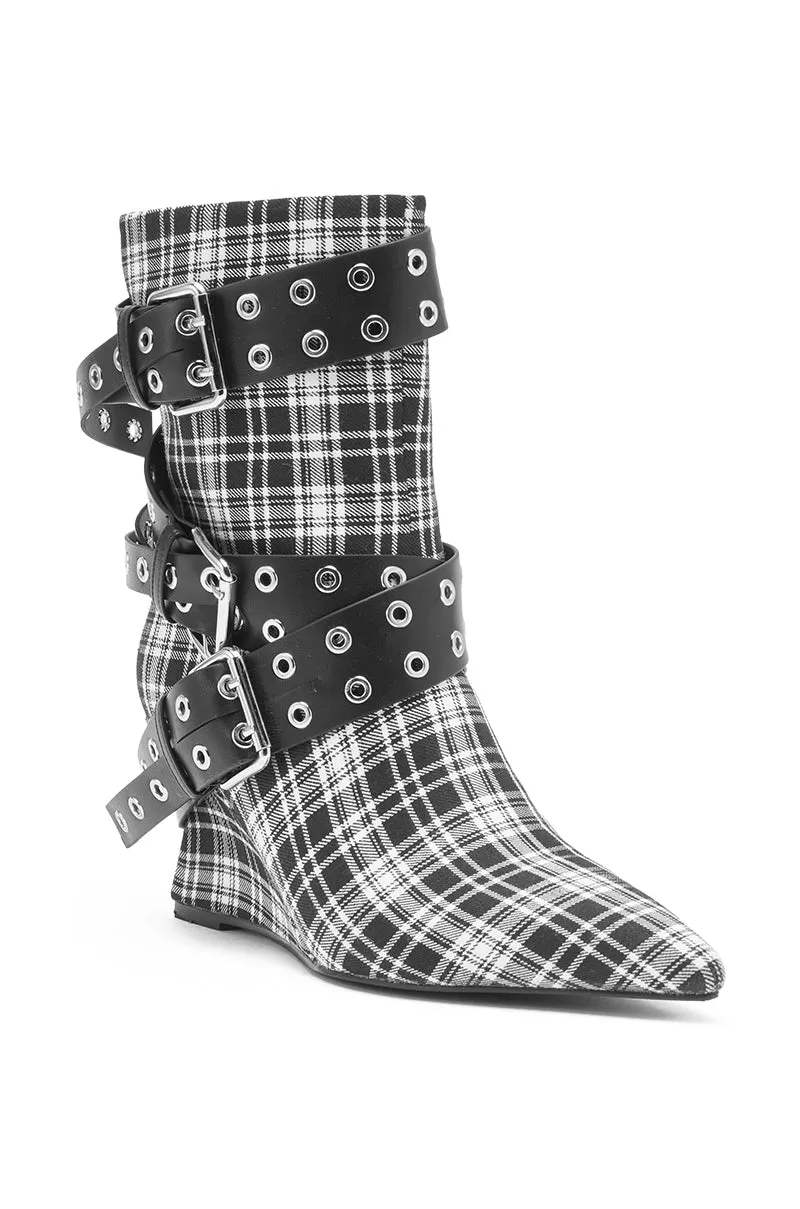 AZALEA WANG CHALKIS BLACK WHITE PLAID BUCKLE WEDGE BOOTIE sold by AKIRA product image thumbnail 5