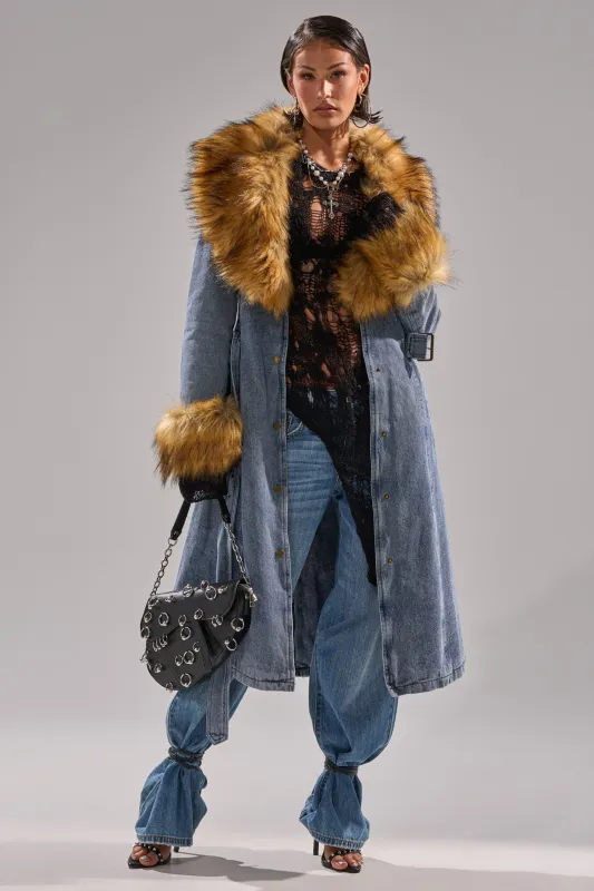 KAYA FUR TRIM DENIM TRENCH sold by AKIRA