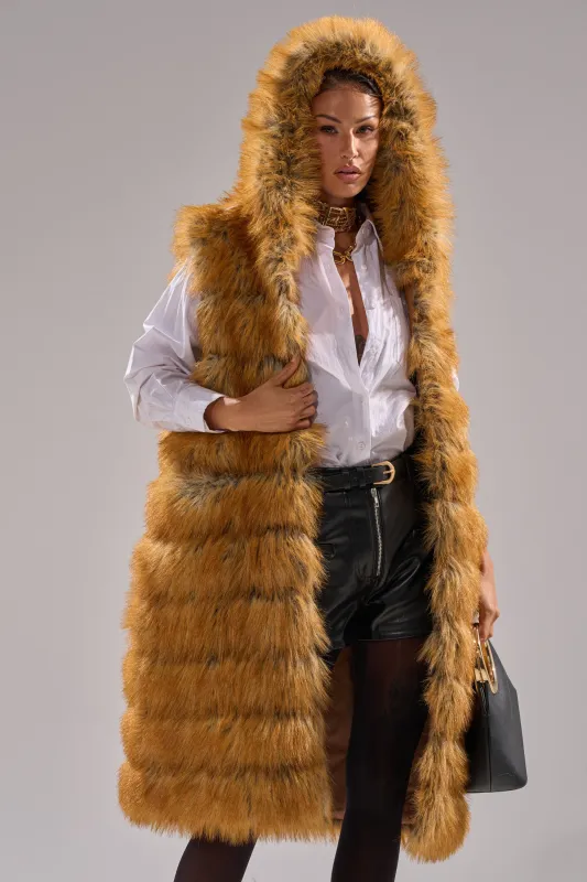 SLY HOODED FAUX FUR VEST sold by AKIRA