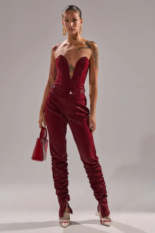 TOO HOT FOR YOU FAUX LEATHER RUCHED TROUSER sold by AKIRA