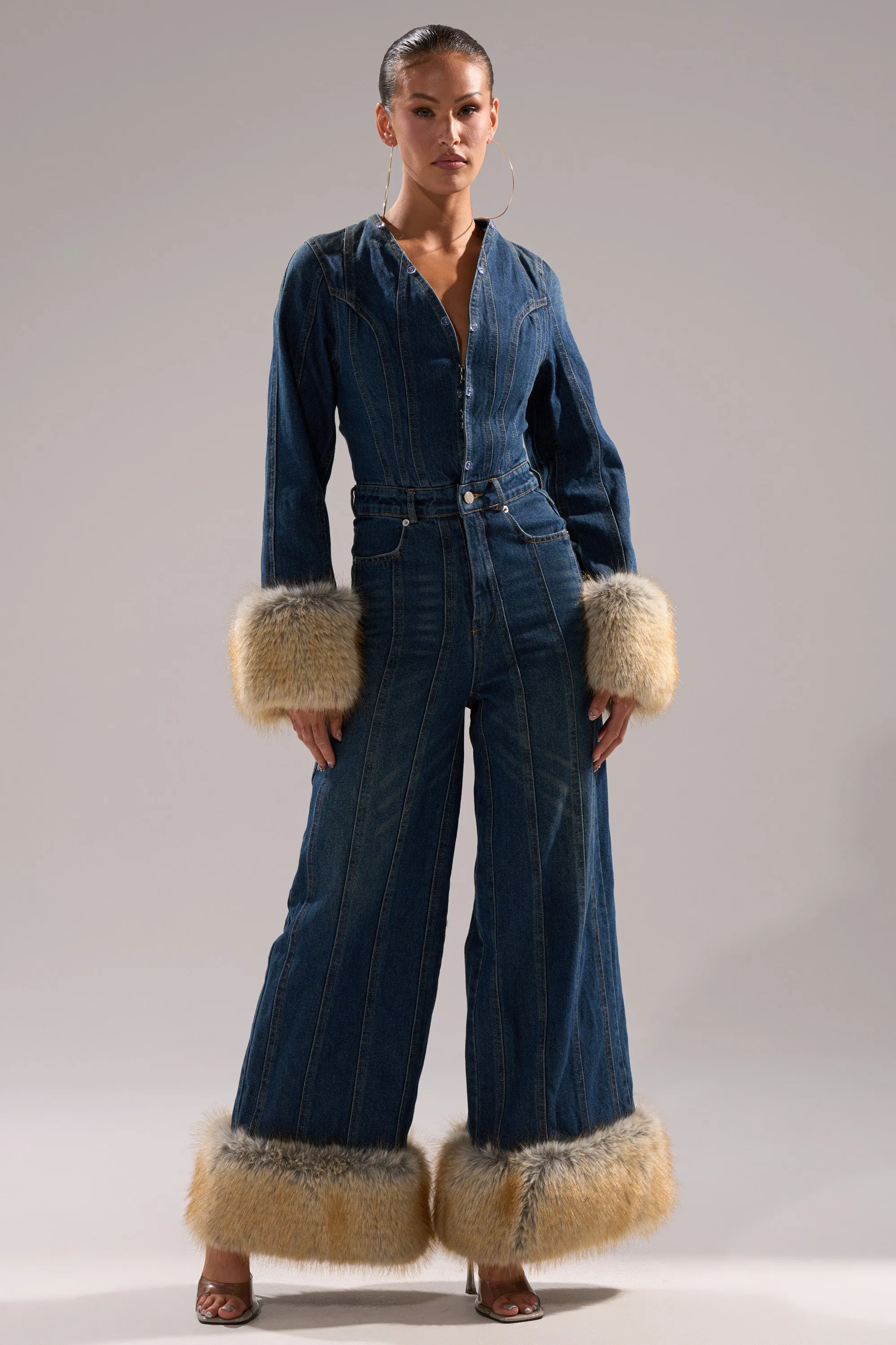 LENNOX DENIM JUMPSUIT WITH FUR ACCENTS sold by AKIRA product image thumbnail 4