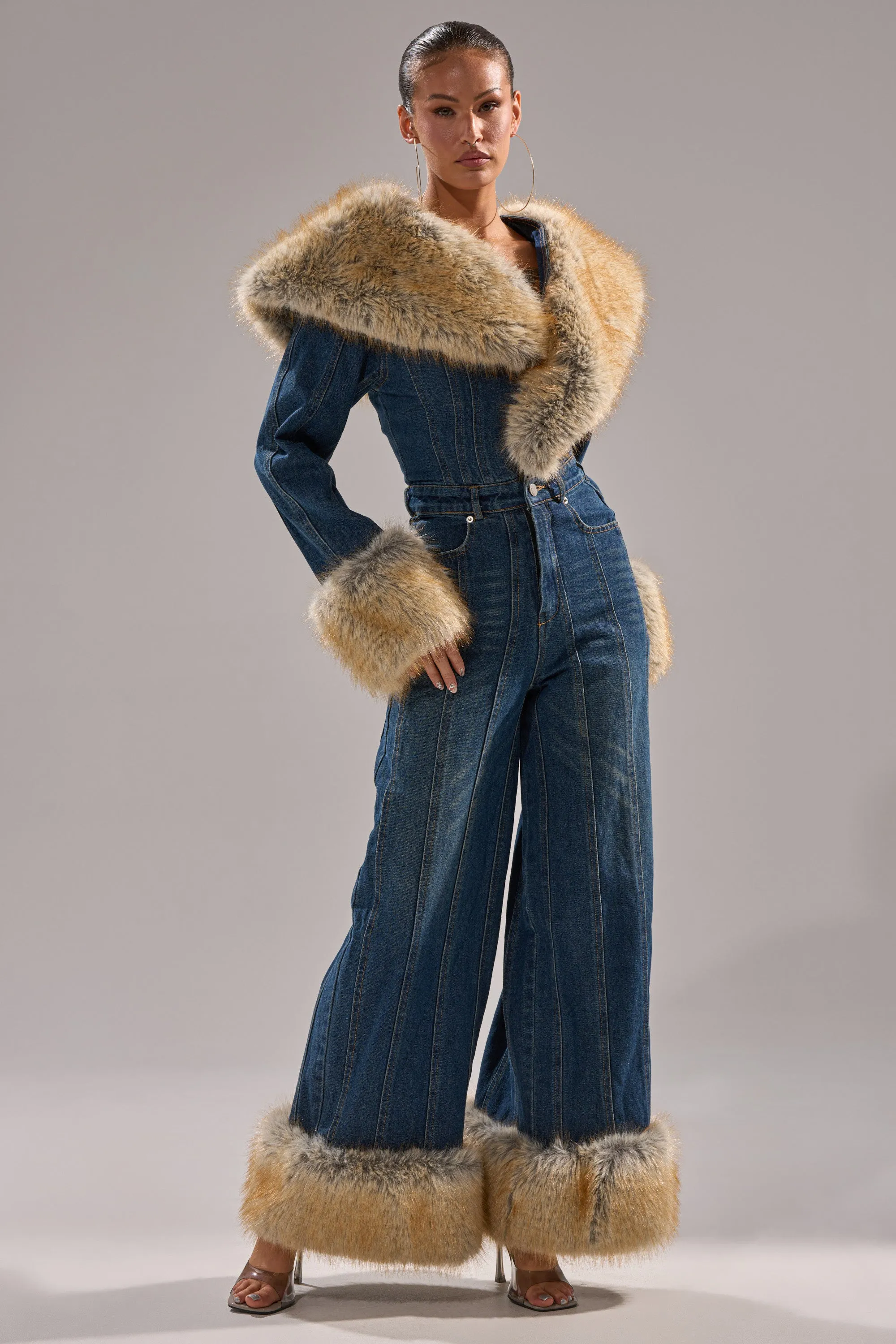LENNOX DENIM JUMPSUIT WITH FUR ACCENTS sold by AKIRA product image thumbnail 2