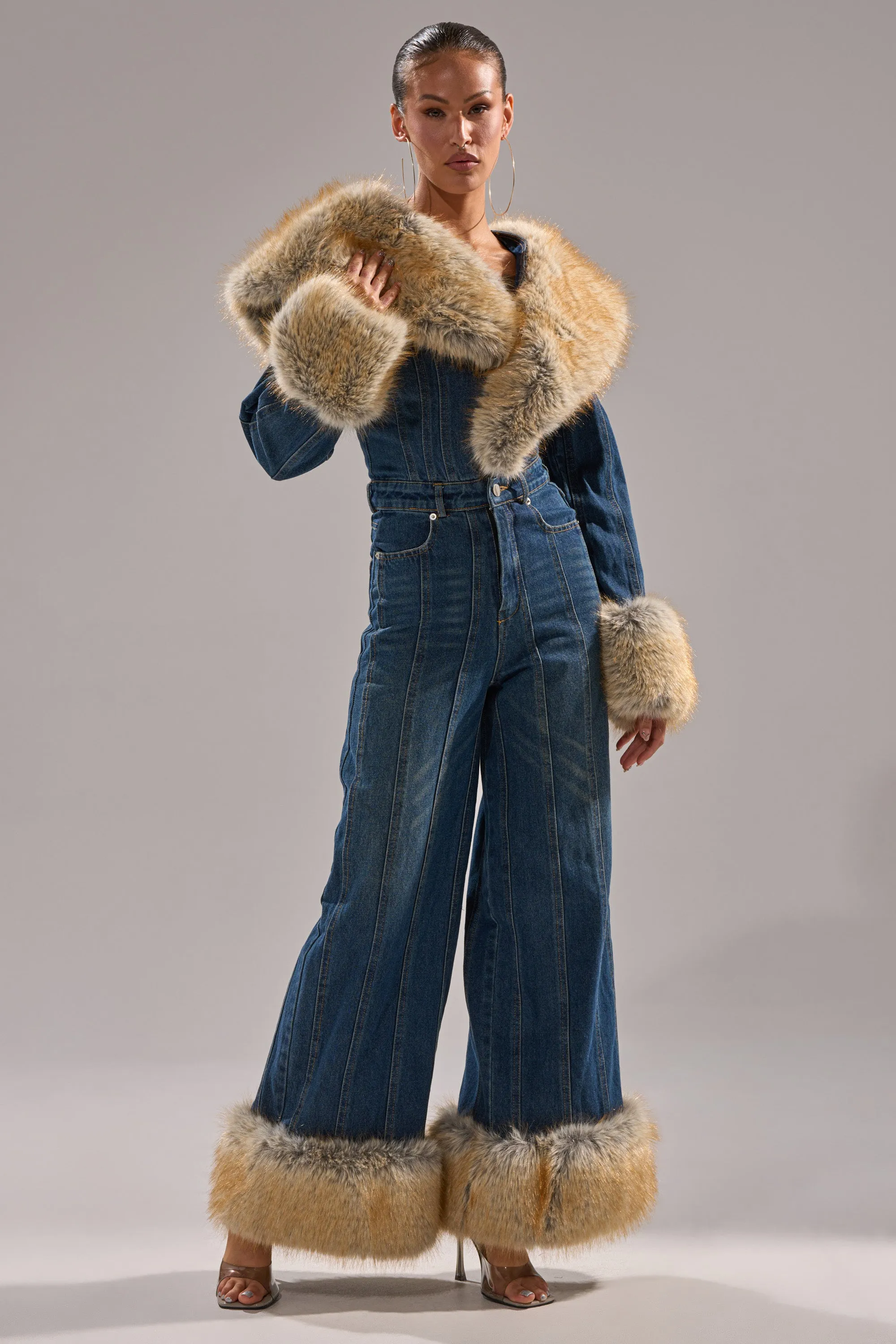 LENNOX DENIM JUMPSUIT WITH FUR ACCENTS sold by AKIRA product image thumbnail 5