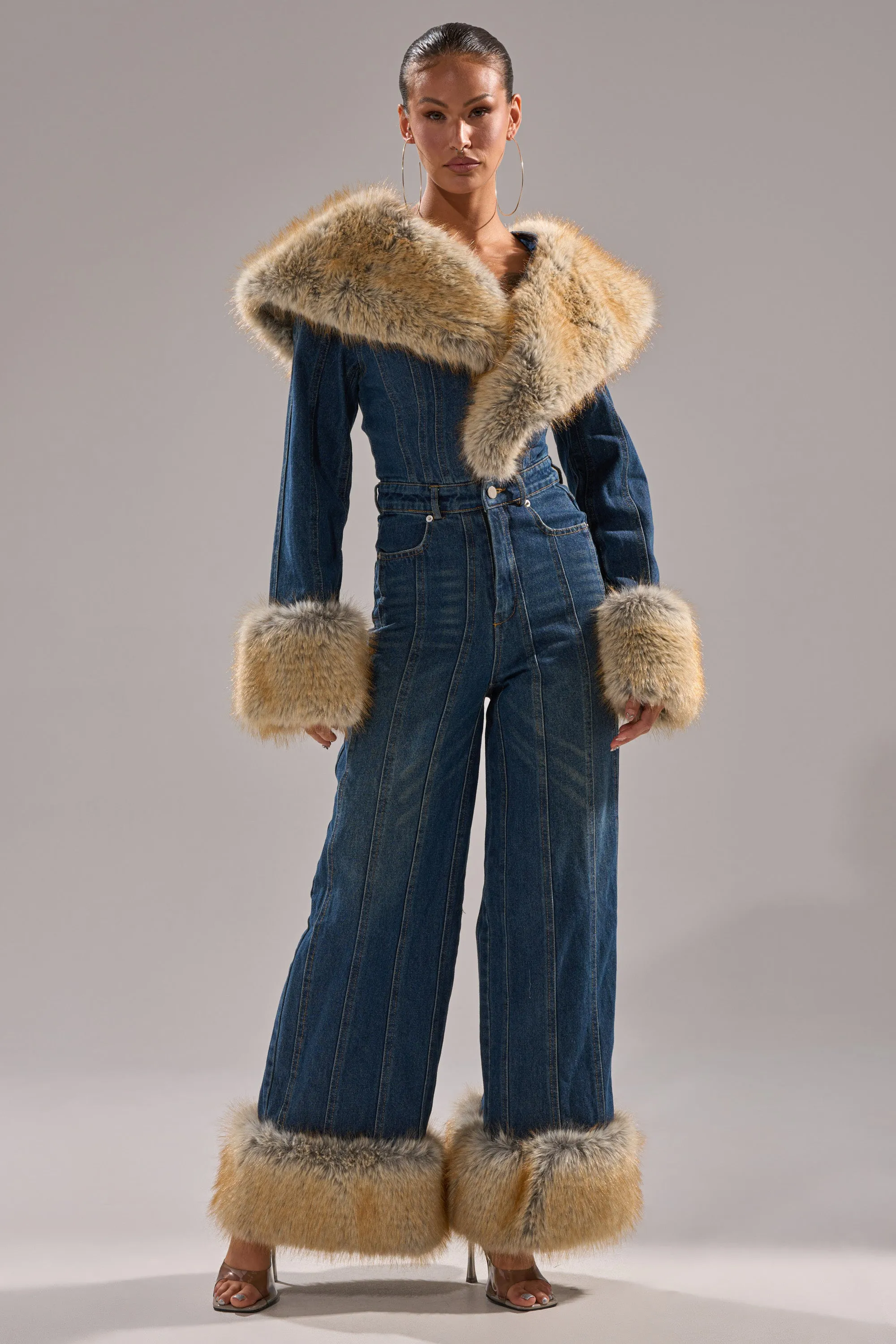 LENNOX DENIM JUMPSUIT WITH FUR ACCENTS sold by AKIRA product image thumbnail 3