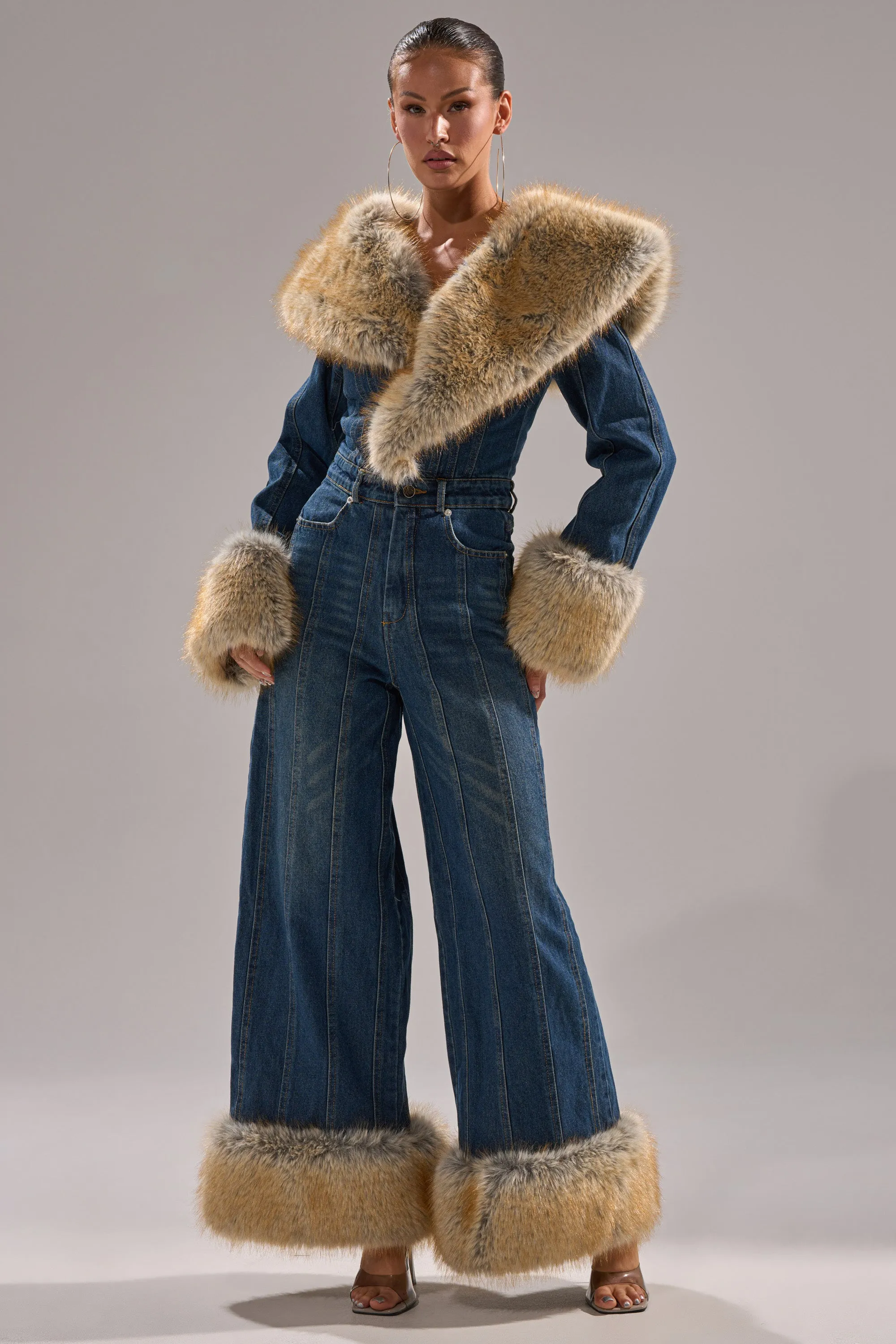 LENNOX DENIM JUMPSUIT WITH FUR ACCENTS sold by AKIRA