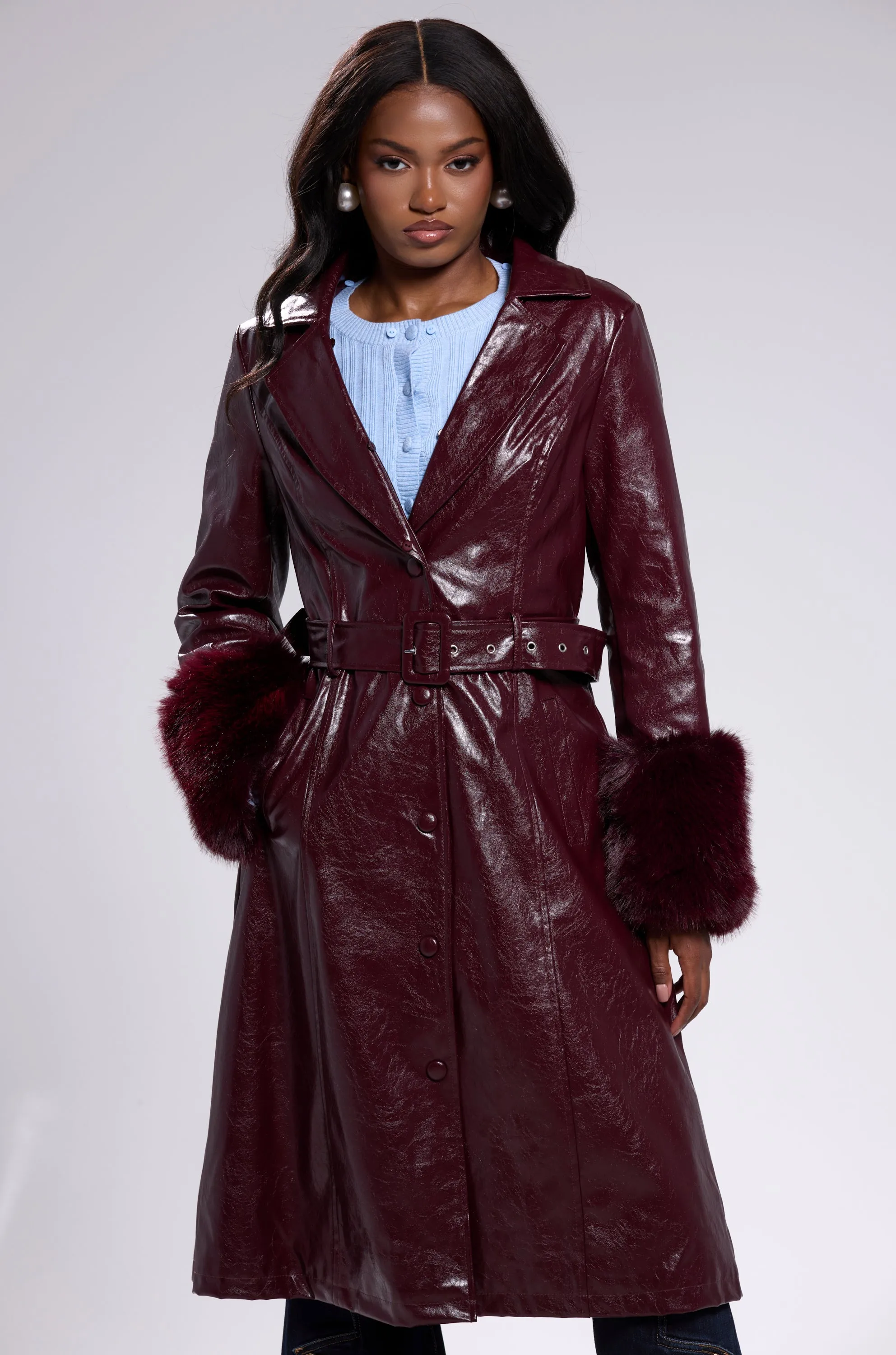 KAYA FUR TRIM TRENCH IN BURGUNDY sold by AKIRA product image thumbnail 4