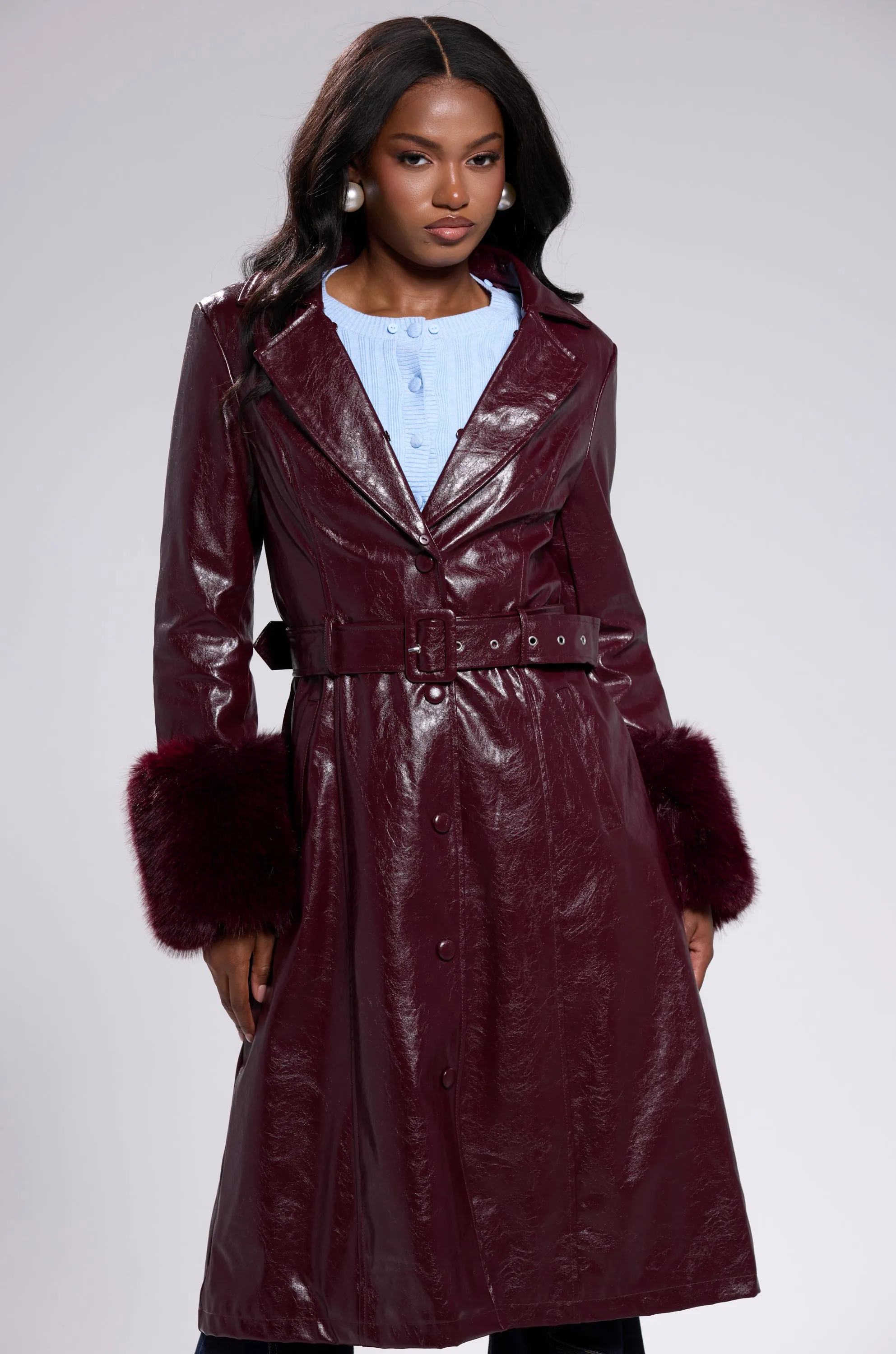 KAYA FUR TRIM TRENCH IN BURGUNDY sold by AKIRA product image thumbnail 5